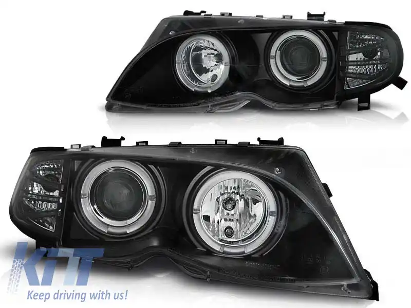 Set de faruri de tuning cu ochi de înger halogen potrivit pentru BMW 3 E46 09.2001-03.2005 sedan/combina, stânga și dreapta