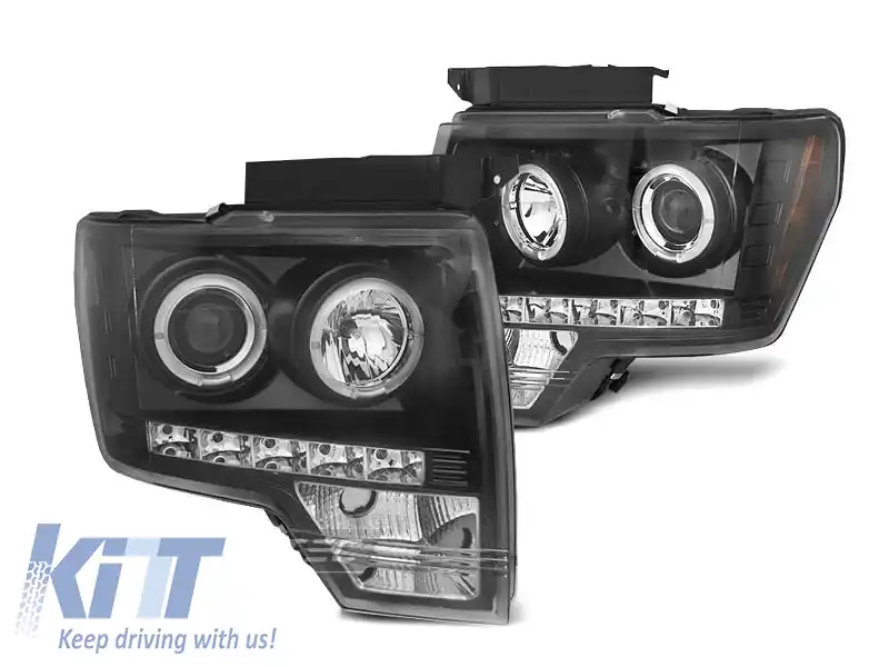 Set de faruri de tuning cu ochi de înger halogen potrivit pentru Ford F150 2008-2014 cu bază neagră, stânga și dreapta