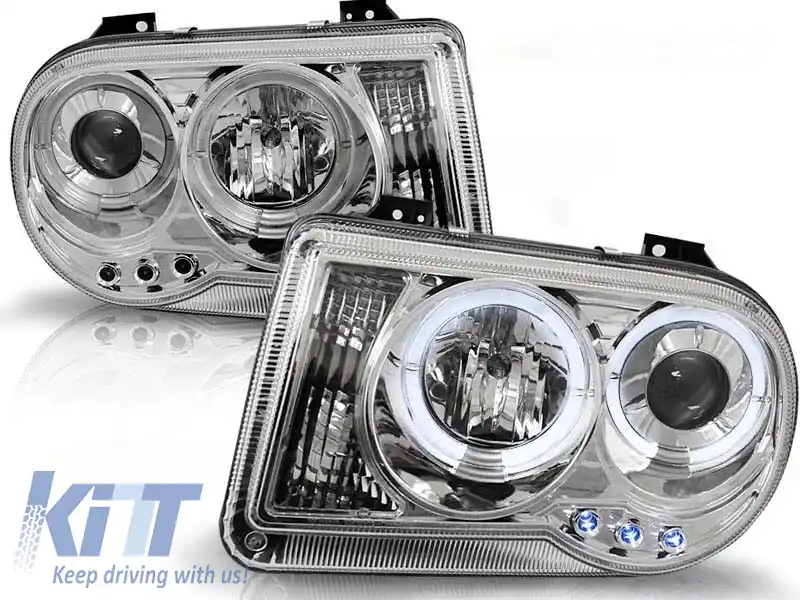 Set de faruri de tuning cu ochi de înger halogeni potrivit pentru Chrysler 300C 2005-2010 sedan/combinate, stânga și dreapta