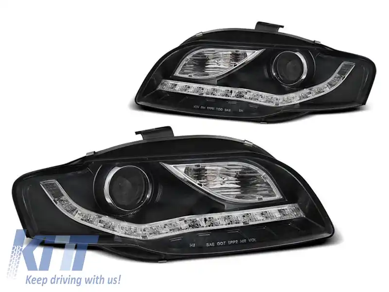Set de faruri de tuning potrivit pentru Audi A4 B7 2004-2008 cu bază neagră, stânga și dreapta