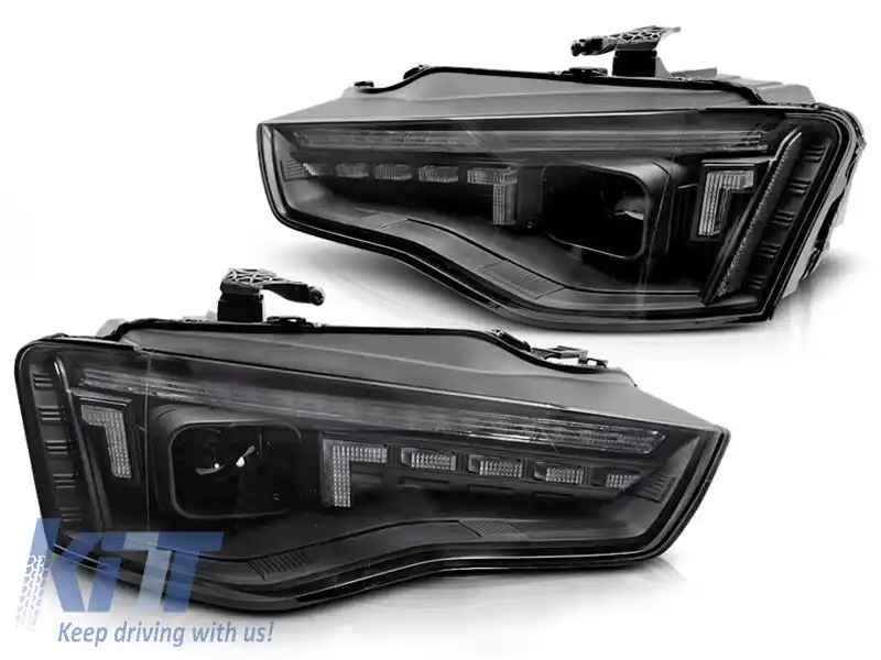 Set de faruri de tuning potrivit pentru Audi A5 2011-2016 cu bază neagră, pentru modelul cu lumini DRL din fabrică, cu semnalizatoare dinamice, stânga și dreapta