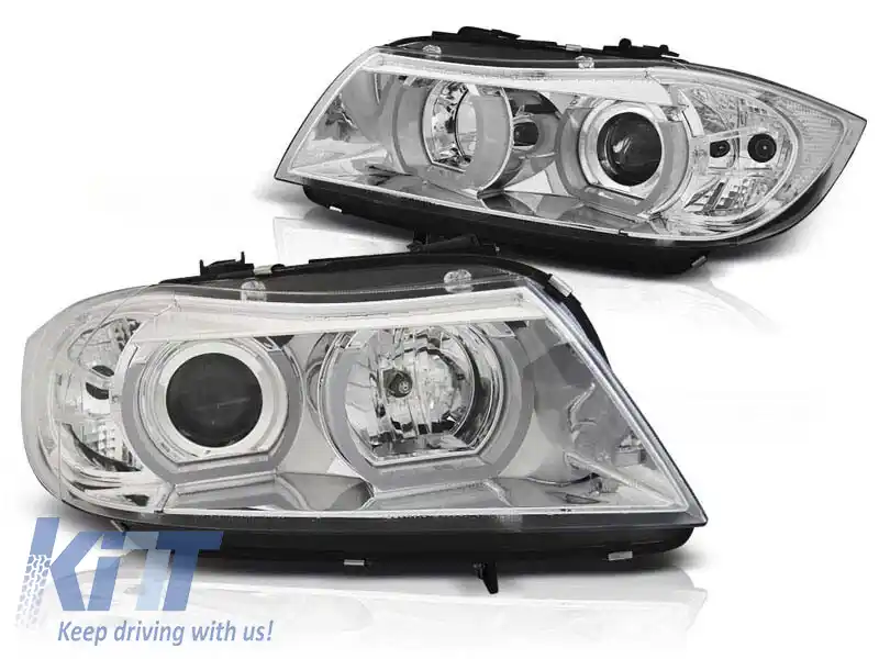 Set de faruri de tuning potrivit pentru BMW Seria 3 E90/E91 03.2005-08.2008 cu bază cromată, stânga și dreapta