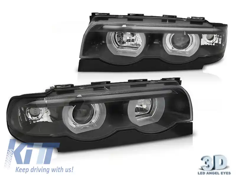 Set de faruri de tuning potrivit pentru BMW Seria 7 E38 1994-2001 cu bază neagră, stânga și dreapta