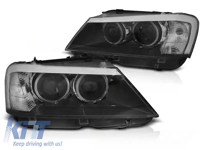 Set de faruri de tuning potrivit pentru BMW X3 F25 2010-07.2014 cu bază neagră, stânga și dreapta