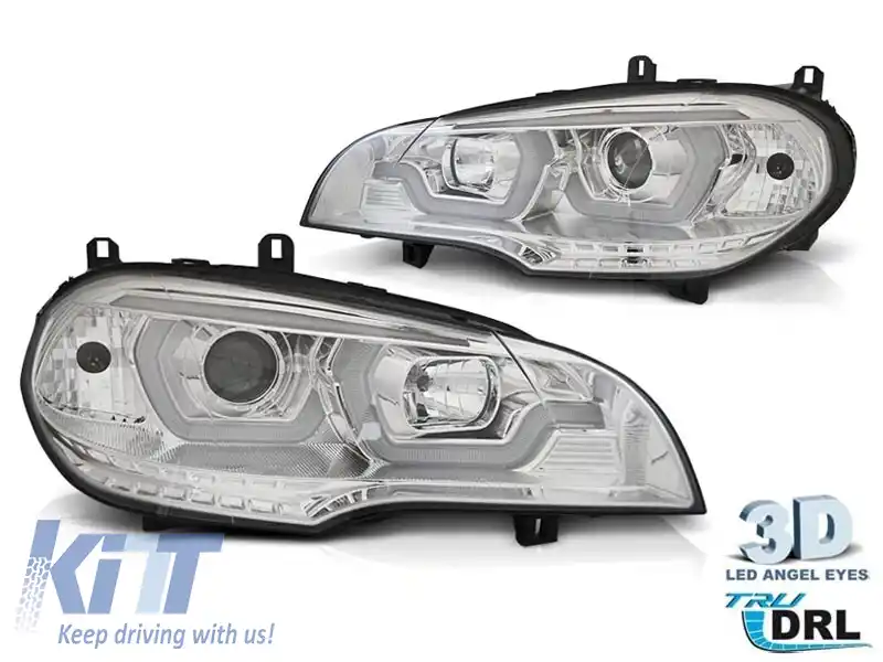 Set de faruri de tuning potrivit pentru BMW X5 E70 2007-2013 cu bază cromată, stânga și dreapta