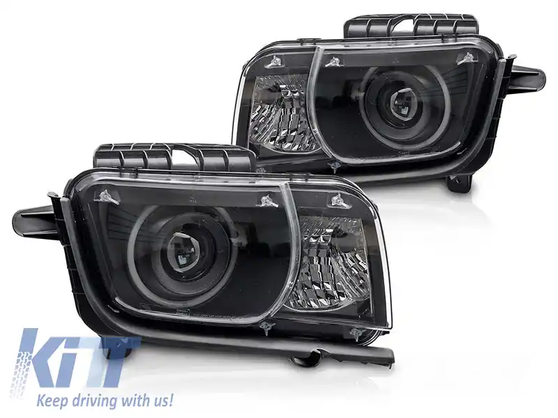 Set de faruri de tuning potrivit pentru Chevrolet Camaro 2009-2013 cu bază neagră, stânga și dreapta