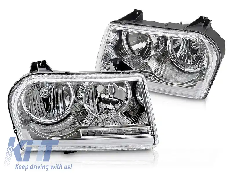 Set de faruri de tuning potrivit pentru Chrysler 300C 2005-2008 cu bază cromată, cu semnalizatoare dinamice, stânga și dreapta