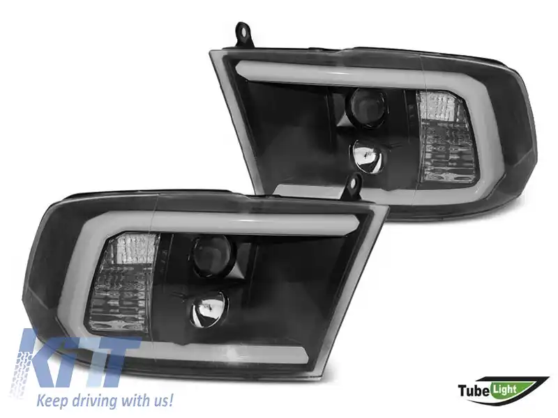Set de faruri de tuning potrivit pentru Dodge Ram 2009-2018 cu bază neagră, stânga și dreapta