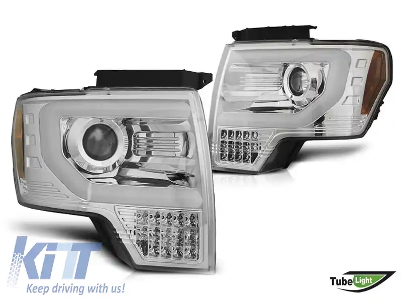 Set de faruri de tuning potrivit pentru Ford F150 2008-2014 cu bază cromată, stânga și dreapta