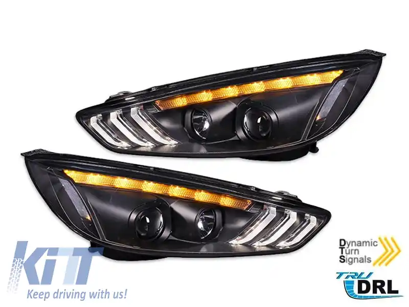 Set de faruri de tuning potrivit pentru Ford Focus MK3 2015-2018 cu bază neagră, stânga și dreapta