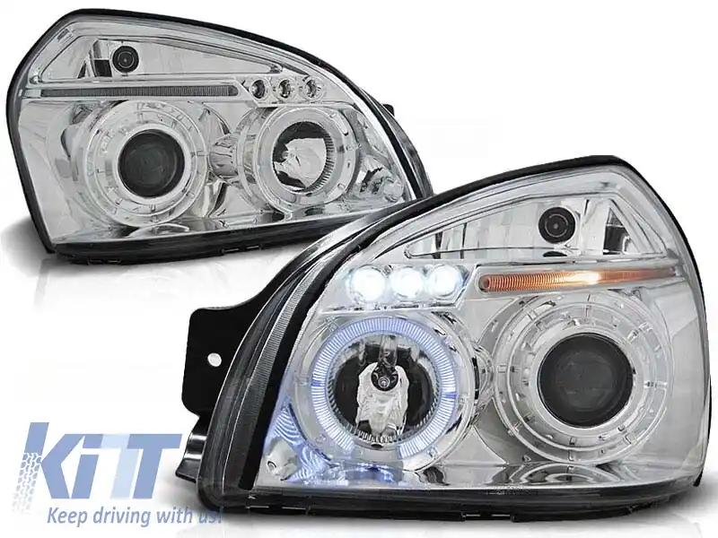 Set de faruri de tuning potrivit pentru Hyundai Tucson 07.2004-2010 cu bază cromată, stânga și dreapta
