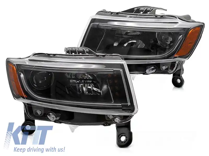 Set de faruri de tuning potrivit pentru Jeep Grand Cherokee 2014-2016 cu bază neagră, stânga și dreapta