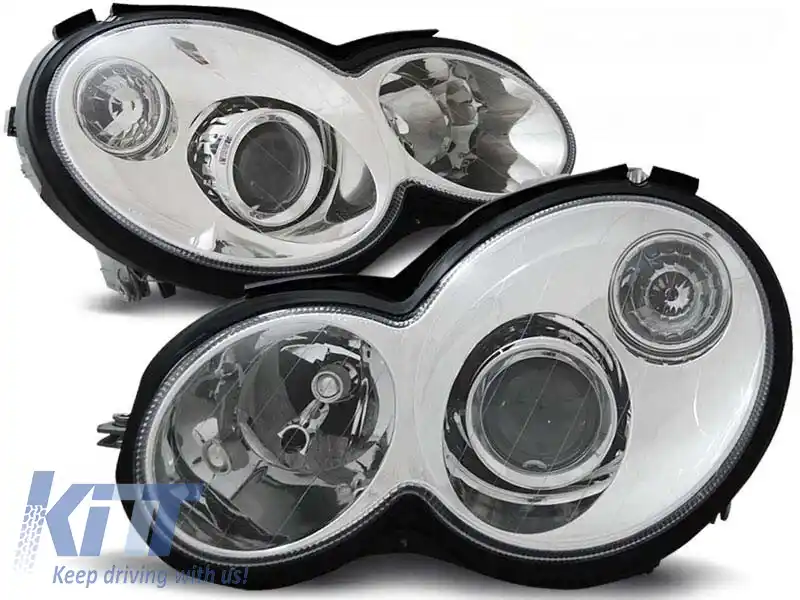 Set de faruri de tuning potrivit pentru Mercedes C-Class Sport Coupe CL203 2000-2004 cu bază cromată, stânga și dreapta