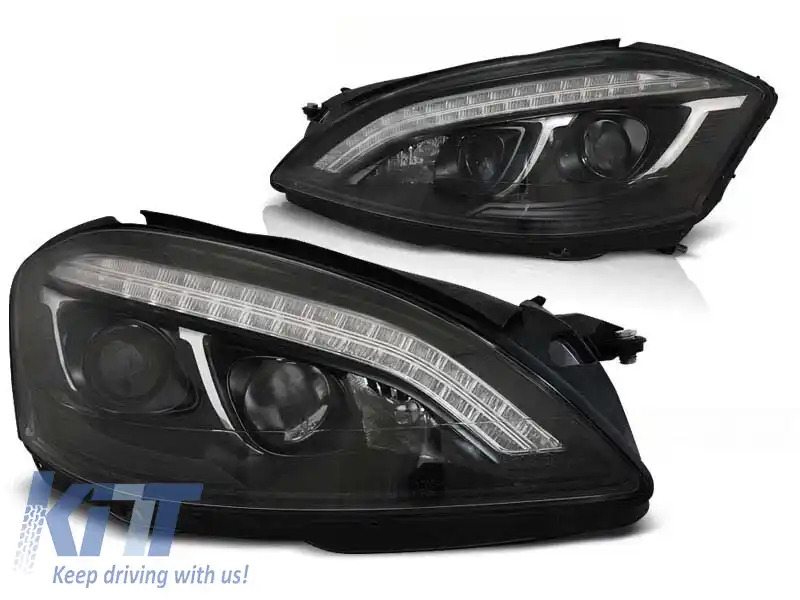 Set de faruri de tuning potrivit pentru Mercedes S-Class W221 2005-2009 cu bază neagră, stânga și dreapta