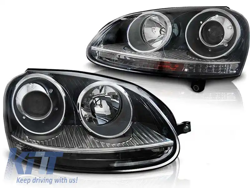 Set de faruri de tuning potrivit pentru VW Golf V 2003-2009 GTI, Jetta 2005-2010 cu bază neagră, stânga și dreapta