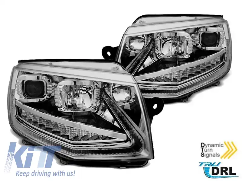 Set de faruri de tuning potrivit pentru VW T6 după 2015 cu bază cromată, stânga și dreapta