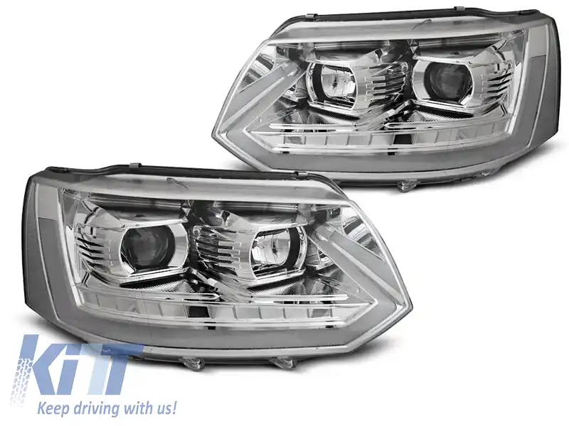 Set de faruri de tuning T6 potrivit pentru Volkswagen T5 2010-2015 cu bază cromată, stânga și dreapta