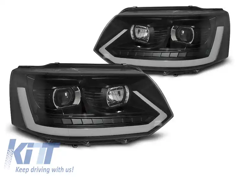 Set de faruri de tuning tip T6 potrivit pentru Volkswagen T5 2010-2015 cu bază neagră, stânga și dreapta