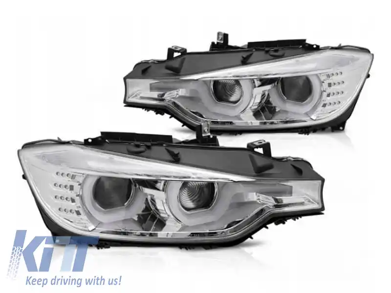 Set de faruri LED de tuning potrivit pentru BMW Seria 3 F30 sedan, F31 touring 10.2011-05.2015 cu bază cromată, stânga și dreapta
