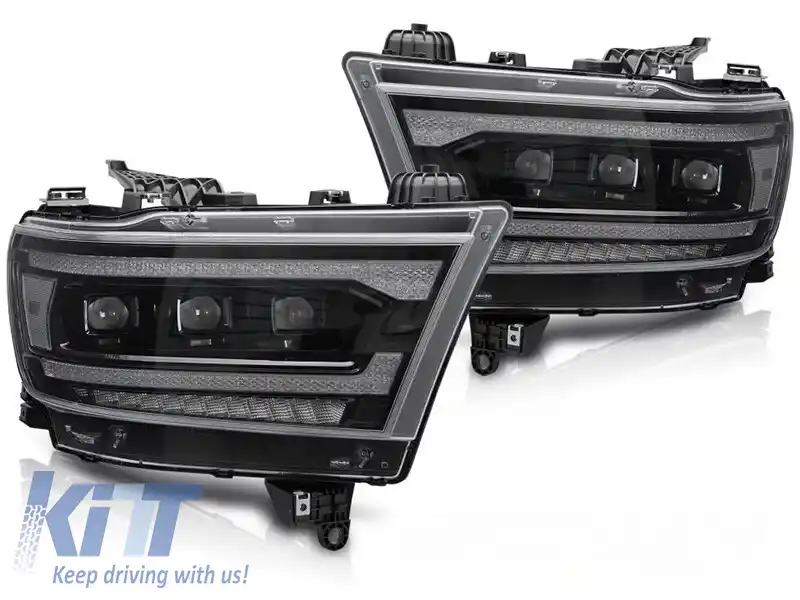 Set de faruri LED de tuning potrivit pentru Dodge Ram 1500 2019-2022 cu bază neagră, cu semnale de întoarcere dinamice, pentru modelul cu lumini DRL de fabrică, stânga și dreapta