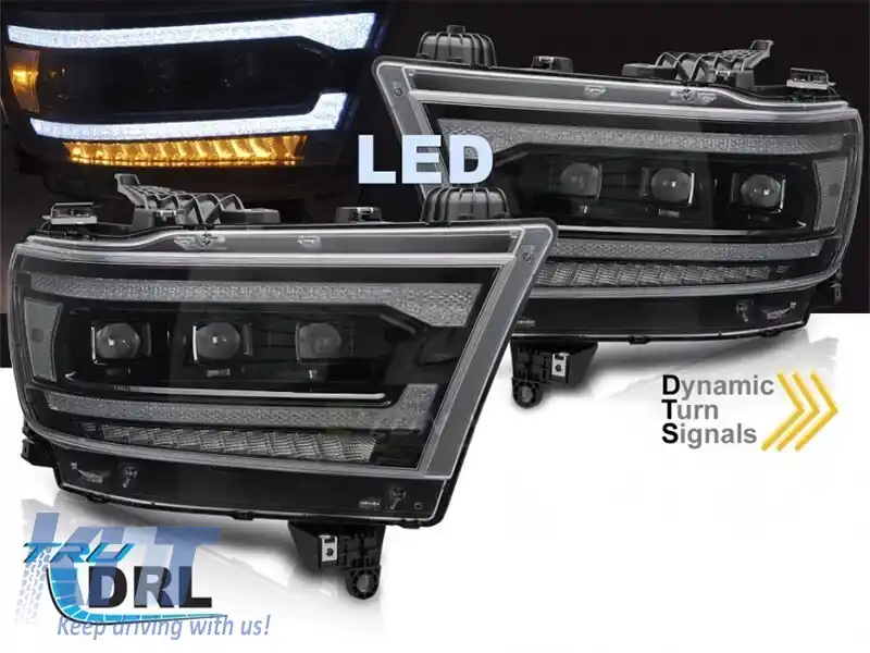 Set de faruri LED de tuning potrivit pentru Dodge Ram 1500 2019-2022 cu bază neagră, cu semnale de întoarcere dinamice, pentru modelul cu lumini DRL de fabrică, stânga și dreapta-image-6238356