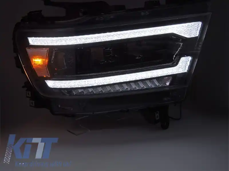 Set de faruri LED de tuning potrivit pentru Dodge Ram 1500 2019-2022 cu bază neagră, cu semnale de întoarcere dinamice, pentru modelul cu lumini DRL de fabrică, stânga și dreapta-image-6238357