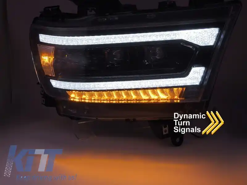 Set de faruri LED de tuning potrivit pentru Dodge Ram 1500 2019-2022 cu bază neagră, cu semnale de întoarcere dinamice, pentru modelul cu lumini DRL de fabrică, stânga și dreapta-image-6238358