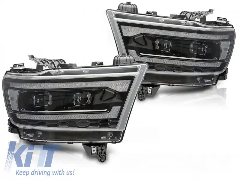 Set de faruri LED de tuning potrivit pentru Dodge Ram 1500 2019-2022 cu bază neagră, cu semnale de întoarcere dinamice, pentru modelul cu lumini DRL de fabrică, cu funcția 