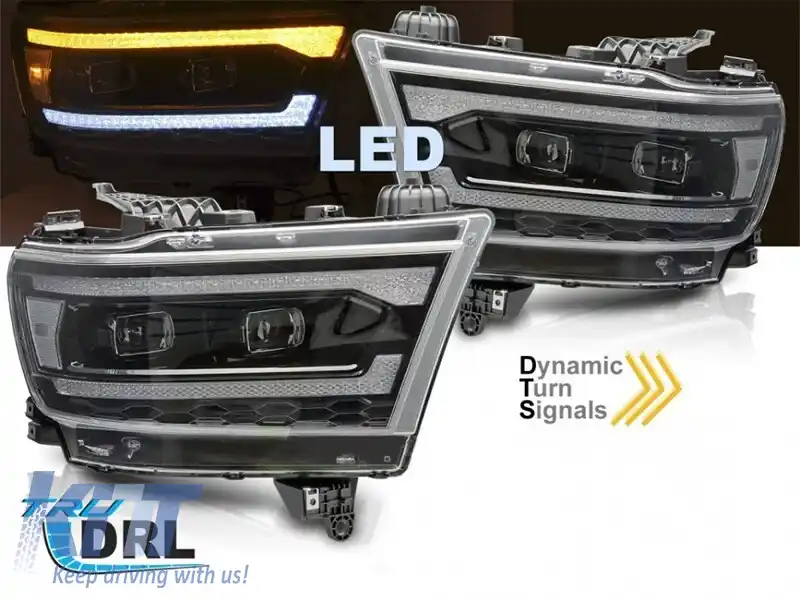 Set de faruri LED de tuning potrivit pentru Dodge Ram 1500 2019-2022 cu bază neagră, cu semnale de întoarcere dinamice, pentru modelul cu lumini DRL de fabrică, cu funcția 