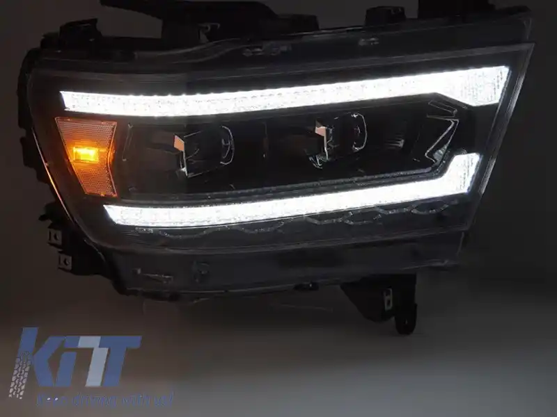 Set de faruri LED de tuning potrivit pentru Dodge Ram 1500 2019-2022 cu bază neagră, cu semnale de întoarcere dinamice, pentru modelul cu lumini DRL de fabrică, cu funcția 