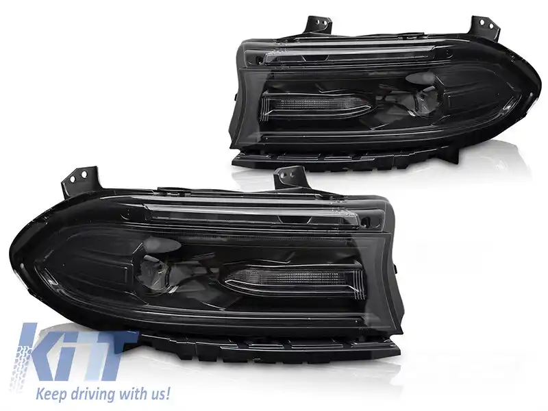 Set de faruri LED de tuning potrivit pentru Dodge Charger 2014-2023 cu bază neagră, pentru modelul cu lumini DRL de fabrică, stânga și dreapta