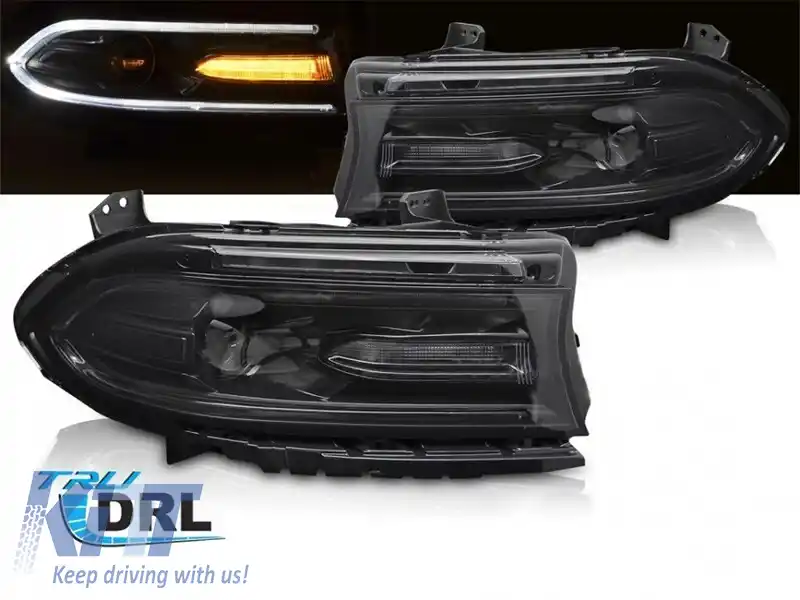 Set de faruri LED de tuning potrivit pentru Dodge Charger 2014-2023 cu bază neagră, pentru modelul cu lumini DRL de fabrică, stânga și dreapta-image-6238366
