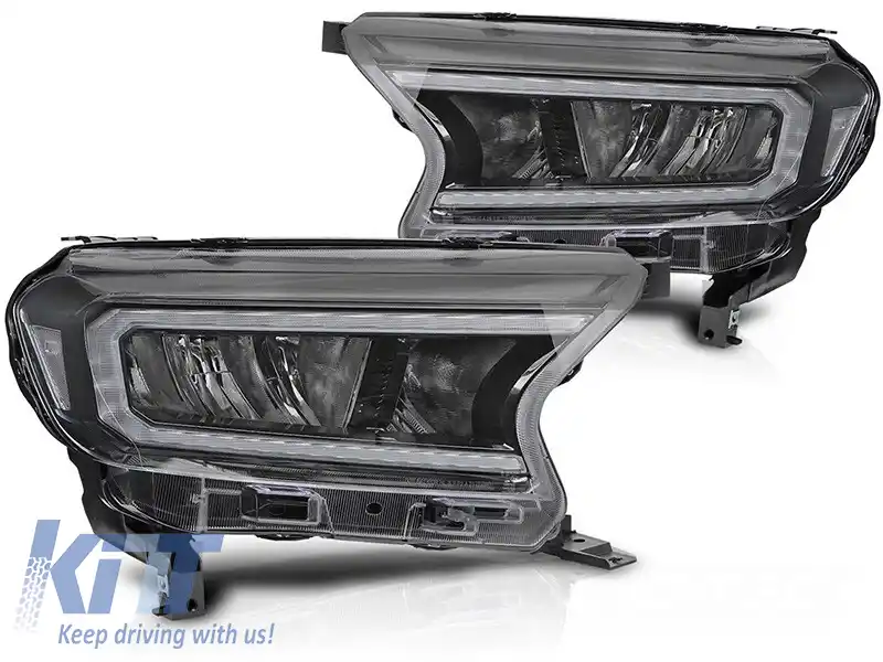 Set de faruri LED de tuning potrivit pentru Ford Ranger 2016-2022 cu bază neagră, cu semnale de întoarcere dinamice, pentru modelul cu lumini DRL din fabrică, stânga și dreapta