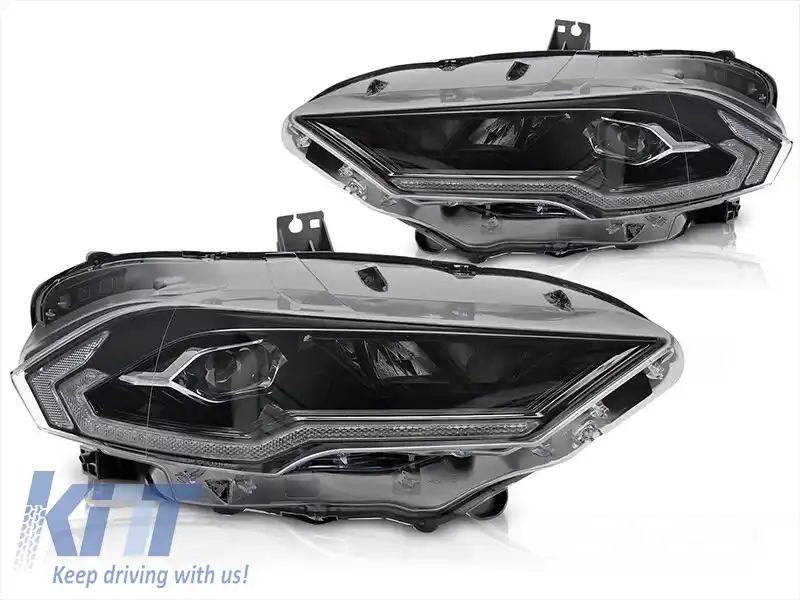 Set de faruri LED de tuning potrivit pentru Ford Mustang 2018-2021 cu bază neagră, cu semnalizatoare dinamice, pentru modelul cu lumini DRL de fabrică, cu funcția 