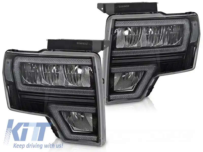 Set de faruri LED de tuning potrivit pentru Ford F150 2008-2014 cu bază neagră, pentru modelul cu lumini DRL din fabrică, cu semnalizatoare dinamice, cu funcția 