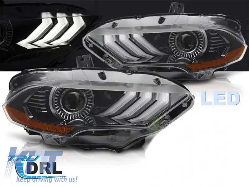 Set de faruri LED de tuning potrivit pentru Ford Mustang 2018-2021 cu bază neagră, pentru modelul cu lumini DRL din fabrică, stânga și dreapta-image-6238404