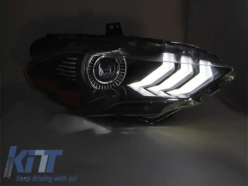 Set de faruri LED de tuning potrivit pentru Ford Mustang 2018-2021 cu bază neagră, pentru modelul cu lumini DRL din fabrică, stânga și dreapta-image-6238405