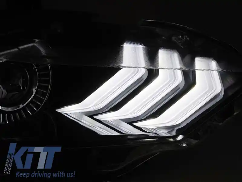 Set de faruri LED de tuning potrivit pentru Ford Mustang 2018-2021 cu bază neagră, pentru modelul cu lumini DRL din fabrică, stânga și dreapta-image-6238406