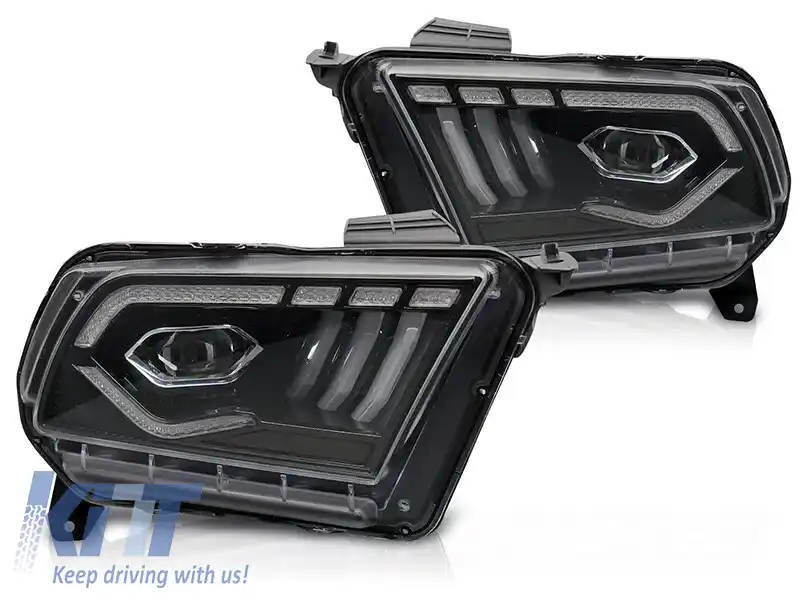 Set de faruri LED de tuning potrivit pentru Ford Mustang 2010-2013 cu bază neagră, pentru modelul cu lumini DRL din fabrică, cu semnalizatoare dinamice, stânga și dreapta