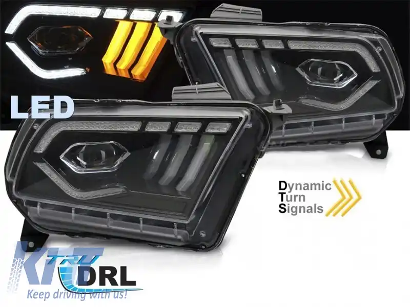 Set de faruri LED de tuning potrivit pentru Ford Mustang 2010-2013 cu bază neagră, pentru modelul cu lumini DRL din fabrică, cu semnalizatoare dinamice, stânga și dreapta-image-6238409