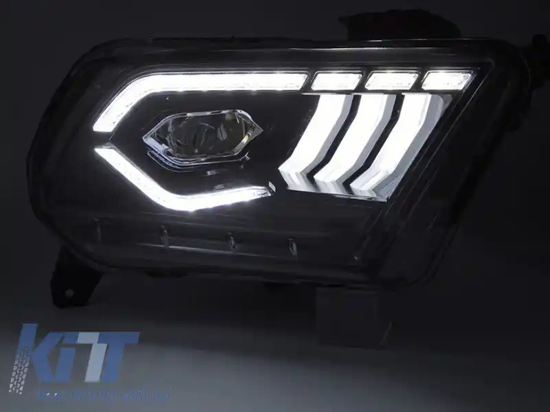 Set de faruri LED de tuning potrivit pentru Ford Mustang 2010-2013 cu bază neagră, pentru modelul cu lumini DRL din fabrică, cu semnalizatoare dinamice, stânga și dreapta-image-6238410