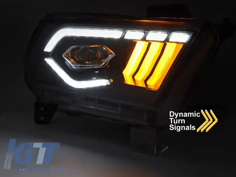 Set de faruri LED de tuning potrivit pentru Ford Mustang 2010-2013 cu bază neagră, pentru modelul cu lumini DRL din fabrică, cu semnalizatoare dinamice, stânga și dreapta-image-6238411