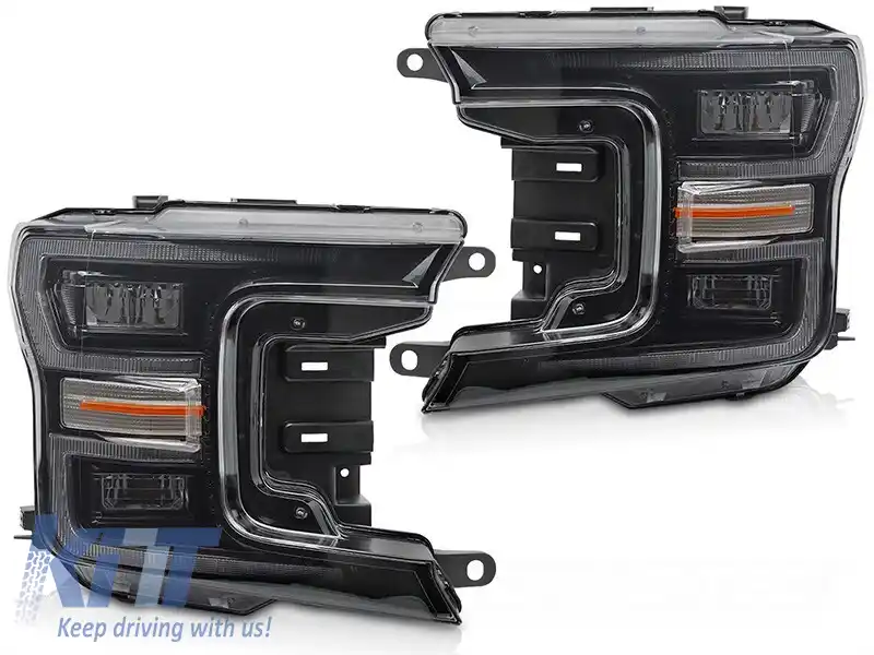 Set de faruri LED de tuning potrivit pentru Ford F150 2017-2020 cu bază neagră, pentru modelul cu lumini DRL din fabrică, cu semnale de întoarcere dinamice, stânga și dreapta