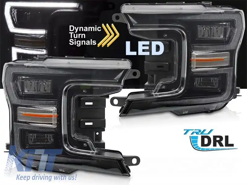 Set de faruri LED de tuning potrivit pentru Ford F150 2017-2020 cu bază neagră, pentru modelul cu lumini DRL din fabrică, cu semnale de întoarcere dinamice, stânga și dreapta-image-6238414