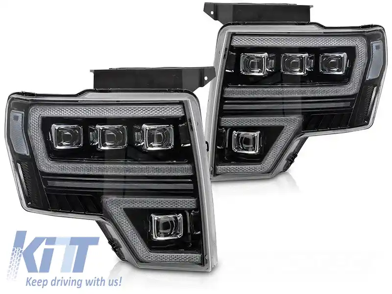 Set de faruri LED de tuning potrivit pentru Ford F150 2008-2014 cu bază neagră, pentru modelul cu lumini DRL din fabrică, cu semnale de întoarcere dinamice, cu funcția 