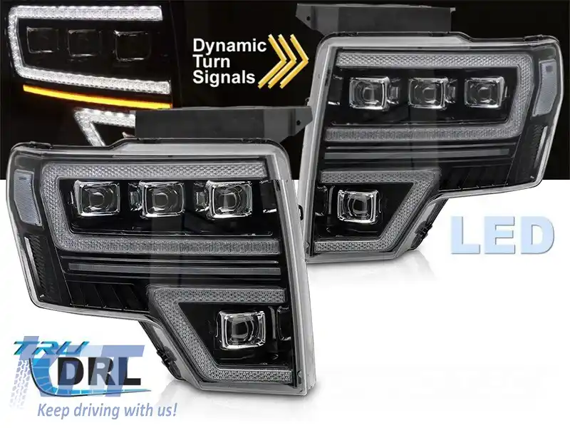 Set de faruri LED de tuning potrivit pentru Ford F150 2008-2014 cu bază neagră, pentru modelul cu lumini DRL din fabrică, cu semnale de întoarcere dinamice, cu funcția 