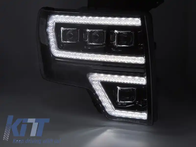 Set de faruri LED de tuning potrivit pentru Ford F150 2008-2014 cu bază neagră, pentru modelul cu lumini DRL din fabrică, cu semnale de întoarcere dinamice, cu funcția 