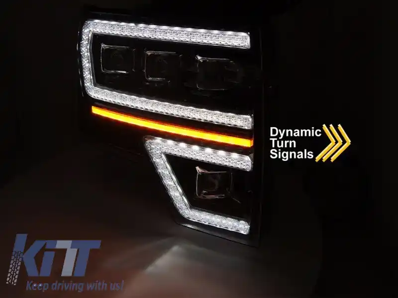 Set de faruri LED de tuning potrivit pentru Ford F150 2008-2014 cu bază neagră, pentru modelul cu lumini DRL din fabrică, cu semnale de întoarcere dinamice, cu funcția 