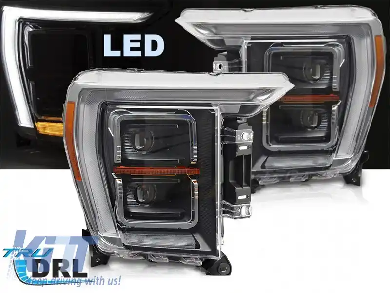 Set de faruri LED de tuning potrivit pentru Ford F150 2020-2023 cu bază neagră, pentru modelul cu lumini DRL de fabrică, stânga și dreapta-image-6238428