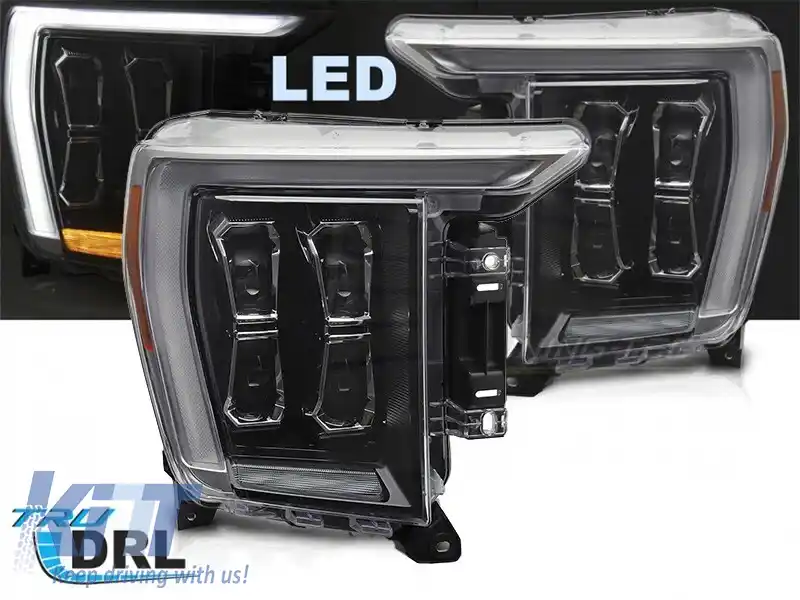 Set de faruri LED de tuning potrivit pentru Ford F150 2020-2023 cu bază neagră, pentru modelul cu lumini DRL de fabrică, stânga și dreapta-image-6238433